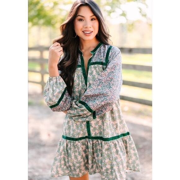 Shop The Mint Abigail Tunic Babydoll Dress Small Floral Boho Prairie Velvet Trim - Picture 1 of 5